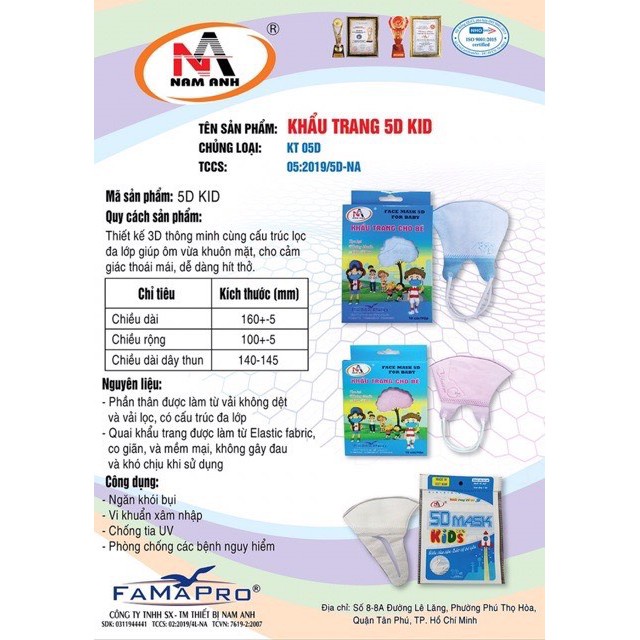 ✅ Khẩu Trang 5D Trẻ Em Famapro 5D 3 lớp kháng khuẩn cho bé -VT0630 | Y Tế Vạn Thành