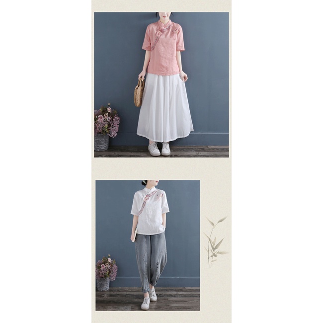 Áo Sơ Mi Vải Lanh Cotton Cổ Đứng Tay Ngắn Cài Khuy Thêu Họa Tiết Kiểu Trung Hoa Thời Trang Mùa Hè 2022 Cho Nữ