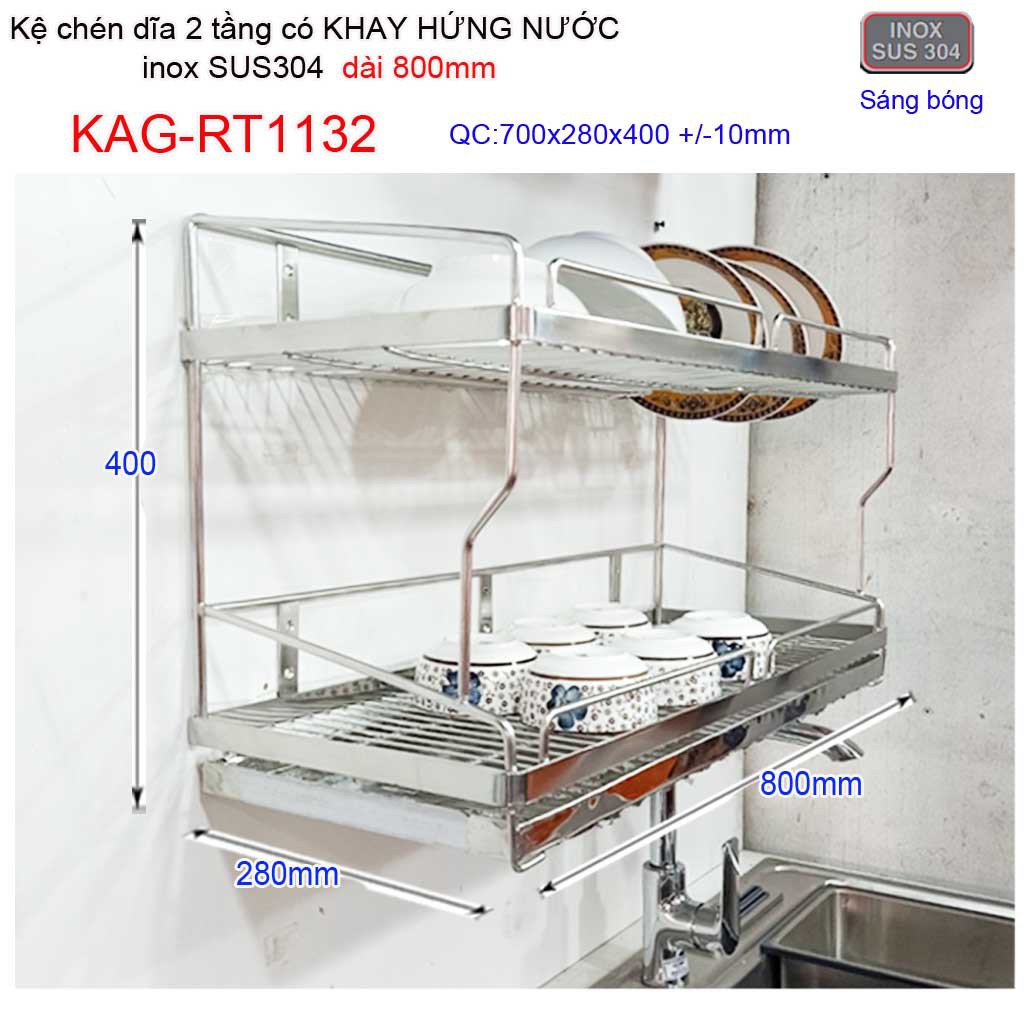 Kệ đựng chén bát có khay hứng nước inox sus304, kệ chén dĩa 2 tầng dài 80cm KAG-RT1133