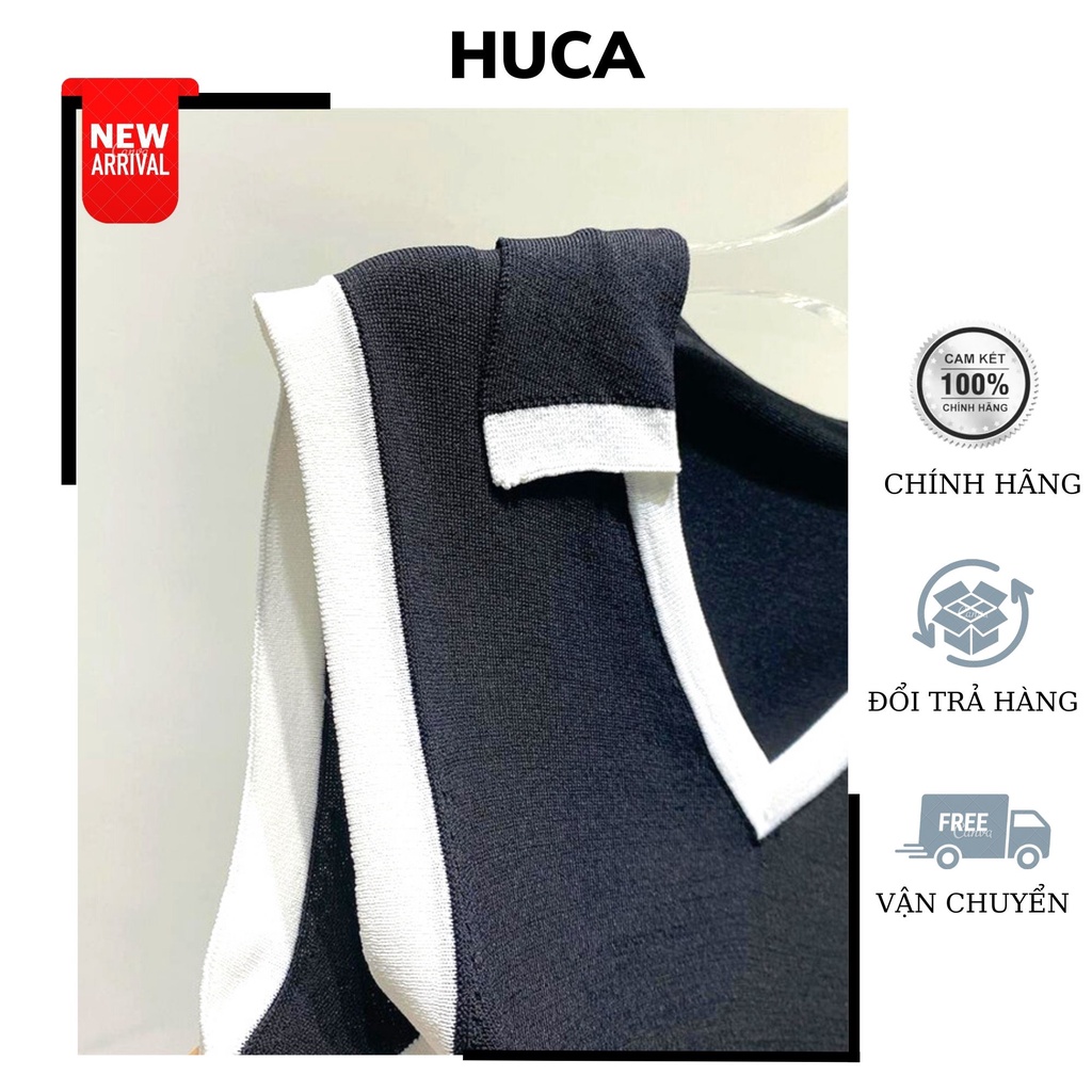 HUCA Đầm Body Thun Gân,Đầm Thức Dáng Sang Chảnh, Cổ V Tim, Màu Đen Viền Trắng,Style Hàn Quốc Nữ Mùa Đông 2023