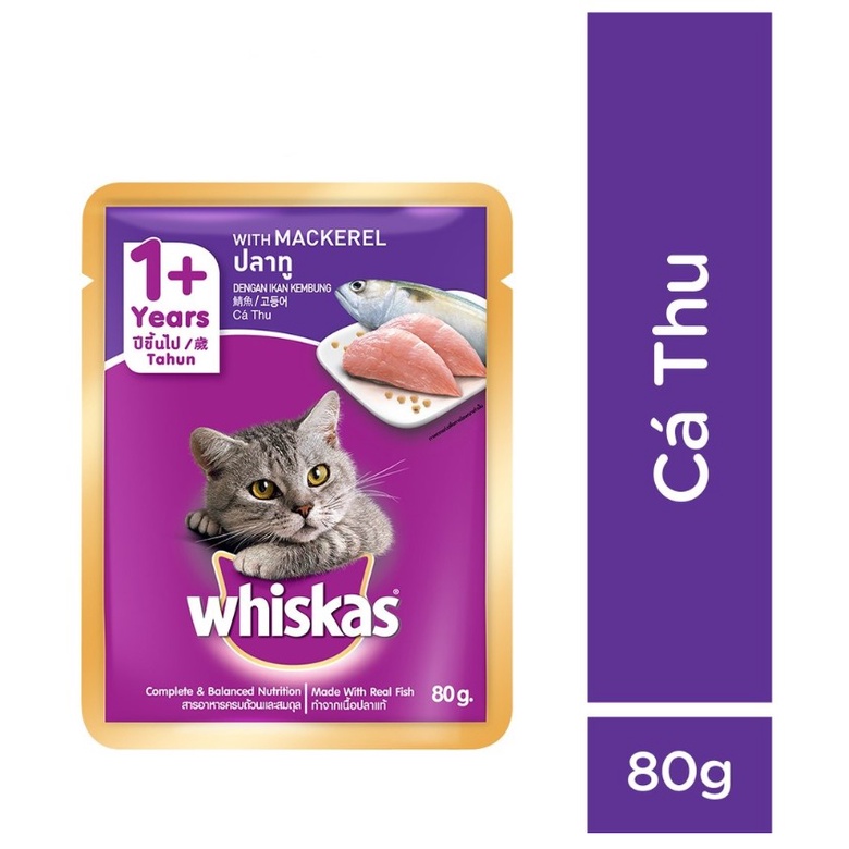 Thức ăn pate cho mèo lớn Whiskas gói 80g - 5 vị