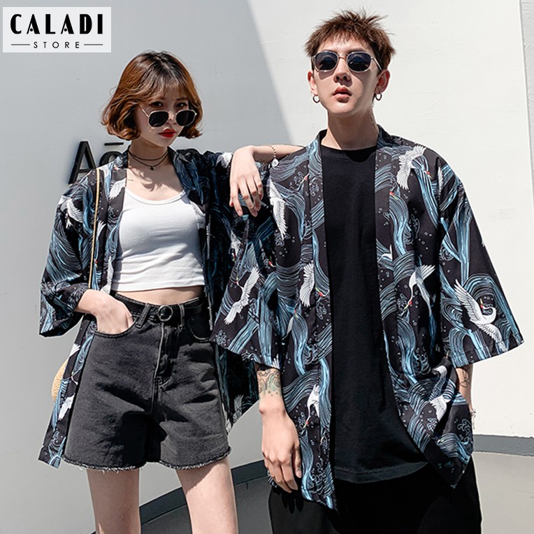 Áo khoác cardigan Kimono Haori đi biển hoạ tiết hạc bay