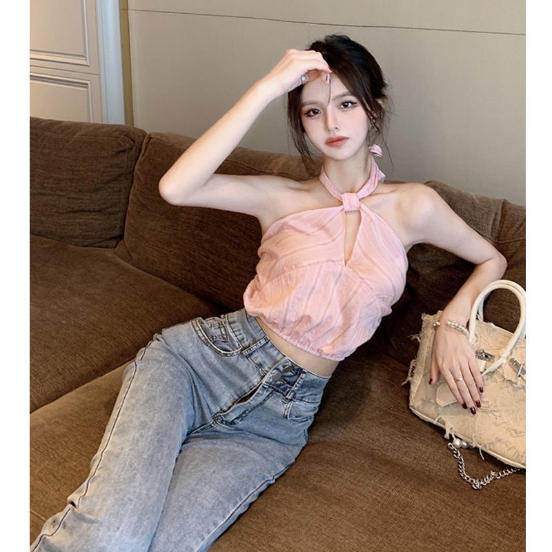 Áo Hai Dây Ngắn Hở Lưng Phong Cách Pháp Mùa Hè Cho Nữ