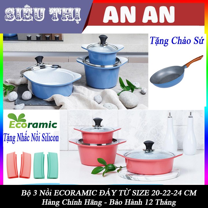 Bộ 3 nồi gốm sứ ECORAMIC bếp từ chống dính size 20 22 24cm màu xanh tặng 2 nhắc nồi sillicon,chảo trứng và hộp thủy tinh