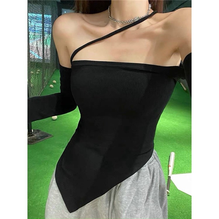 Áo kiểu tay dài tà nhọn trễ vai 1 dây chéo cổ cực hot , chất thun gân mềm mịn