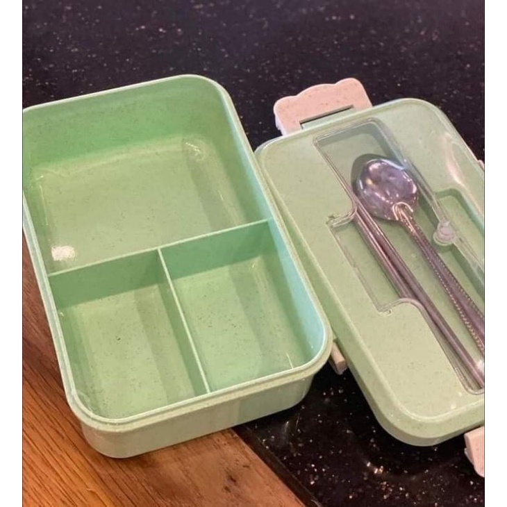 Hộp cơm lúa mạch thiết kế 3 ngăn kèm đũa thìa inox vệ sinh,an toàn