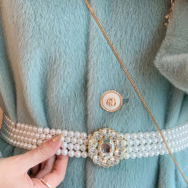 Thắt lưng co giãn đính đá + ngọc trai nhân tạo thời trang cho nữ