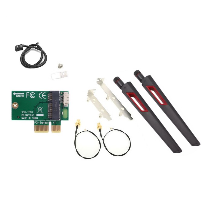 M.2 to PCIE card. Bộ kit gắn M.2 wifi card, có 2 antenna 8dBi và cáp usb để kết nối bluetooth. Bộ Kit và wifi card | BigBuy360 - bigbuy360.vn