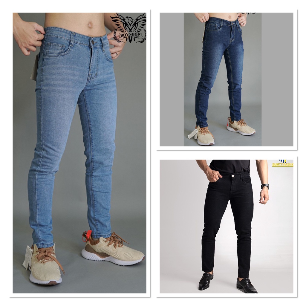 Quần Jean xanh nam trơn ống slimfit có big size