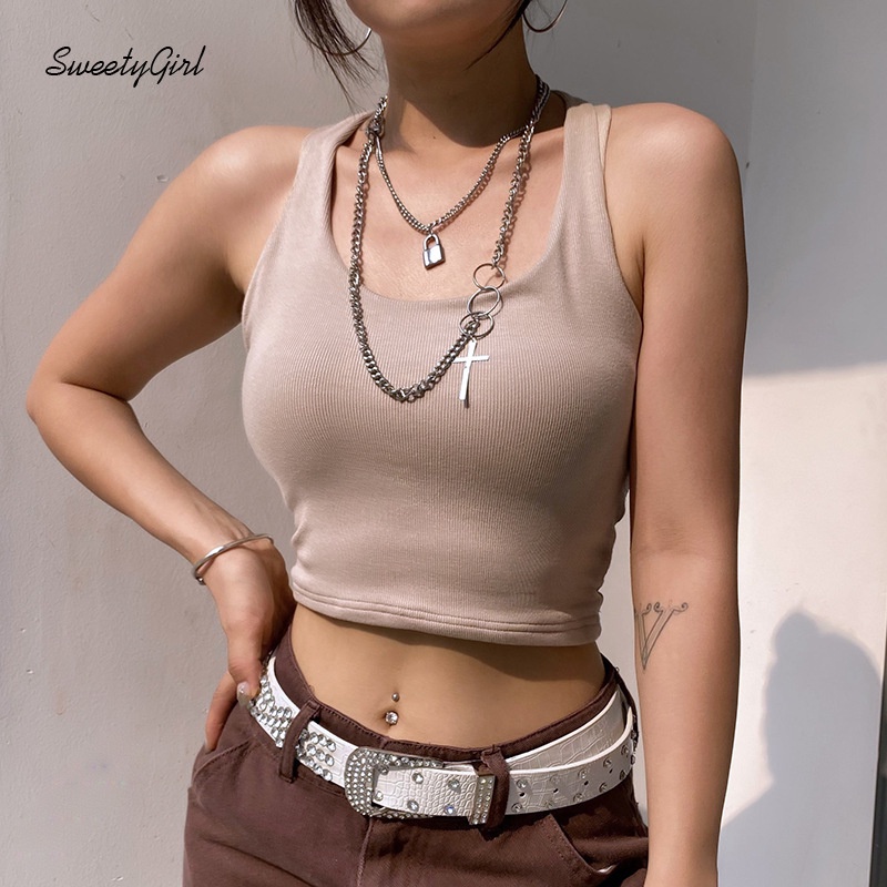 Áo Tank Top Cổ Chữ U Hở Lưng Màu Trơn Phong Cách Thể Thao Thời Trang Cho Nữ