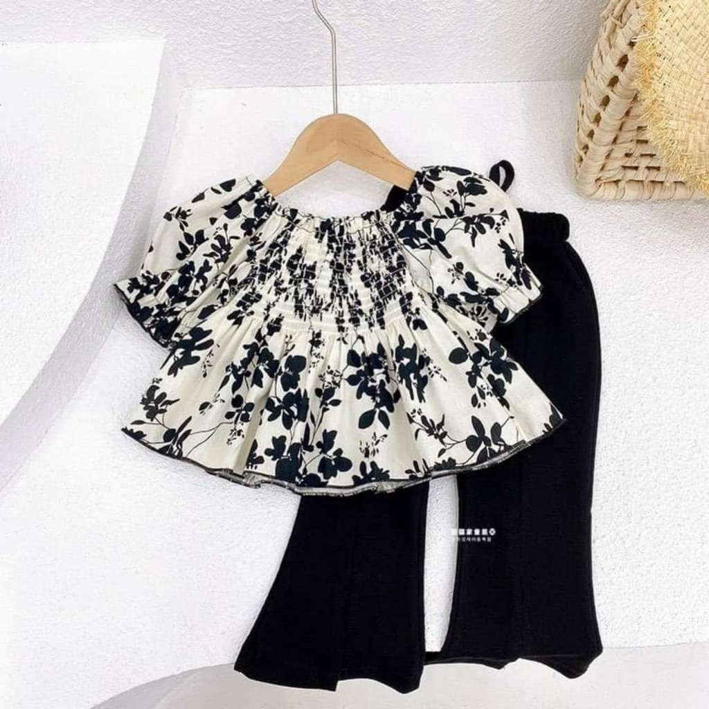 Đồ bộ bé gái set áo hoa đen quần loe tiểu thư cho bé