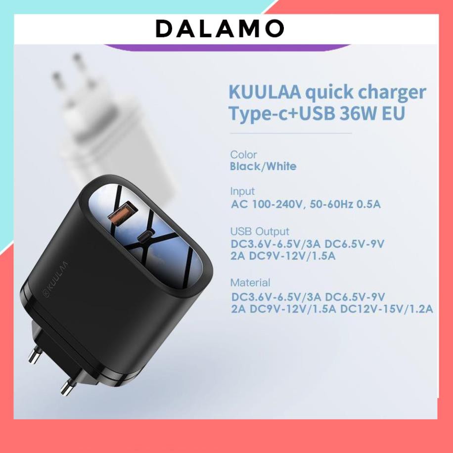 Cốc Sạc Nhanh 2 Cổng USB - Type C QC3.0 KuuLaa 36W dành cho Xiaomi Iphone Huawei OPPO PD36W DALAMO