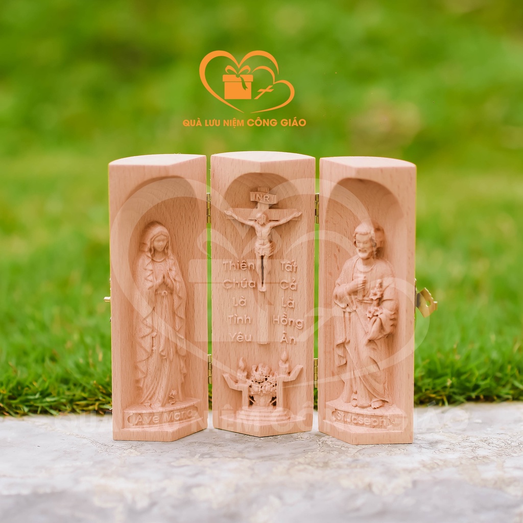Bộ bàn thờ Chúa mini chất liệu gỗ cao 10cm Quà Lưu Niệm Công Giáo