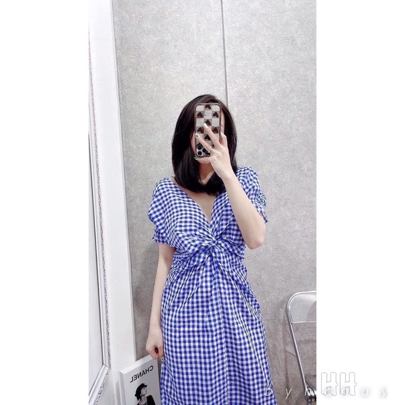 Váy karro, đầm thiết kế xoắn ngực mặc hai kiểu vitage ảnh thật shop chụp