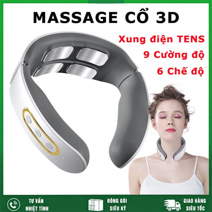 Máy massage cổ vai gáy 3D ứng dụng xung điện mát xa, 4 điện cực tiếp xúc, 6 chế độ massage, 9 mức cường độ mạnh mẽ