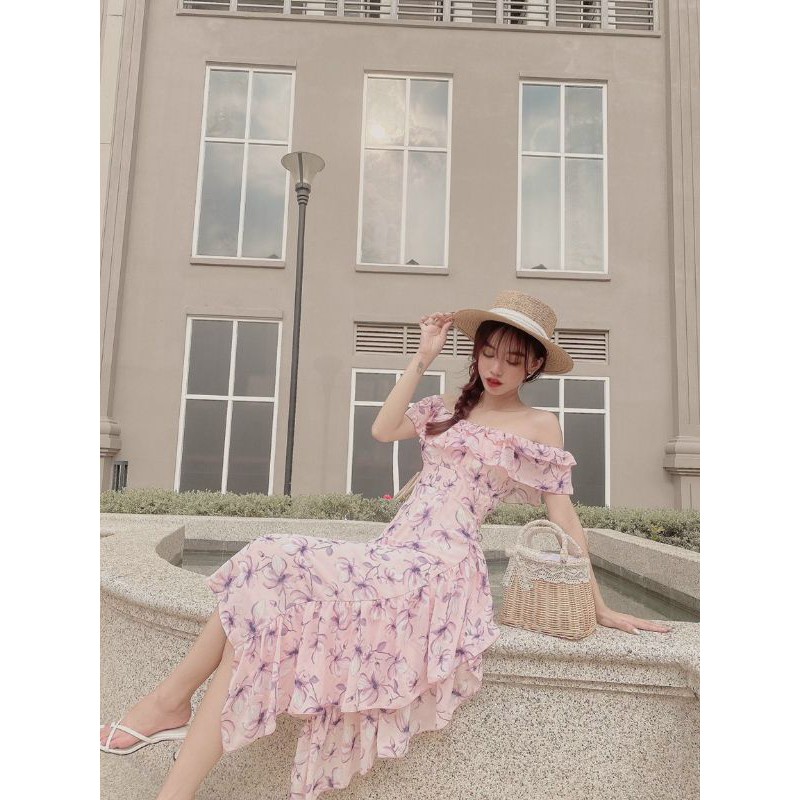 Đầm maxi hoa bẹt vai bèo tà đổ