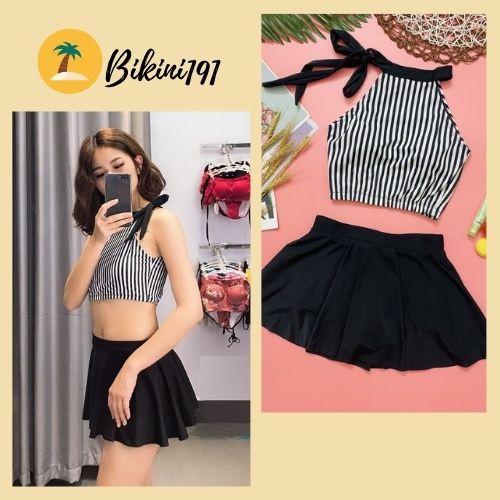 Bikini 2 mảnh áo yếm buộc dây cổ, bộ bơi tắm biển nữ váy xòe Bikini191