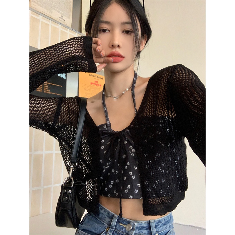 QADCOL  Áo khoác ren QADCOL dệt kim tay dài chống nắng thời trang mùa hè