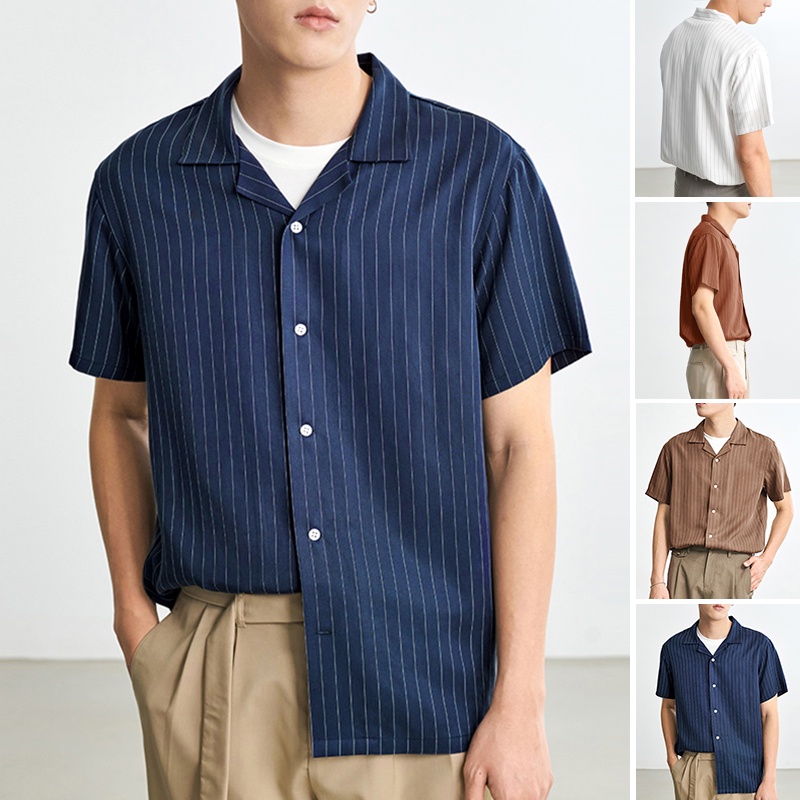 Áo sơ mi INCERUN ngắn tay họa tiết kẻ sọc thời trang mùa hè cho nam