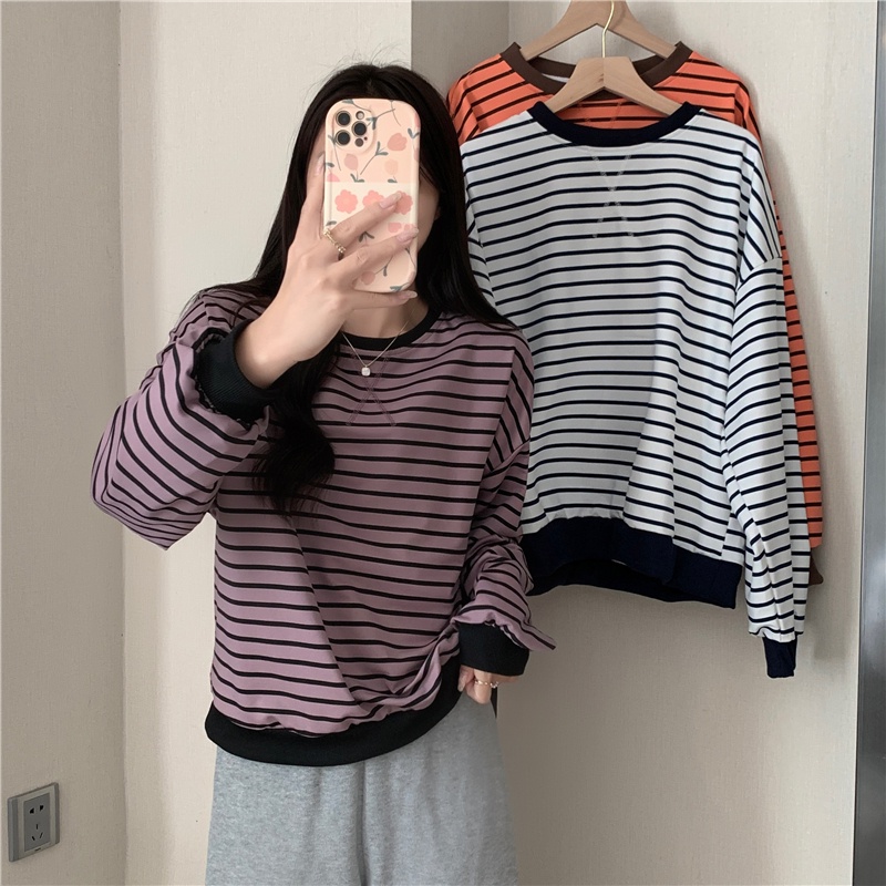 Áo Thun Lửng Dài Tay Cổ Tròn Sọc Ngang Thời Trang Mùa Thu Hàn Quốc Mới