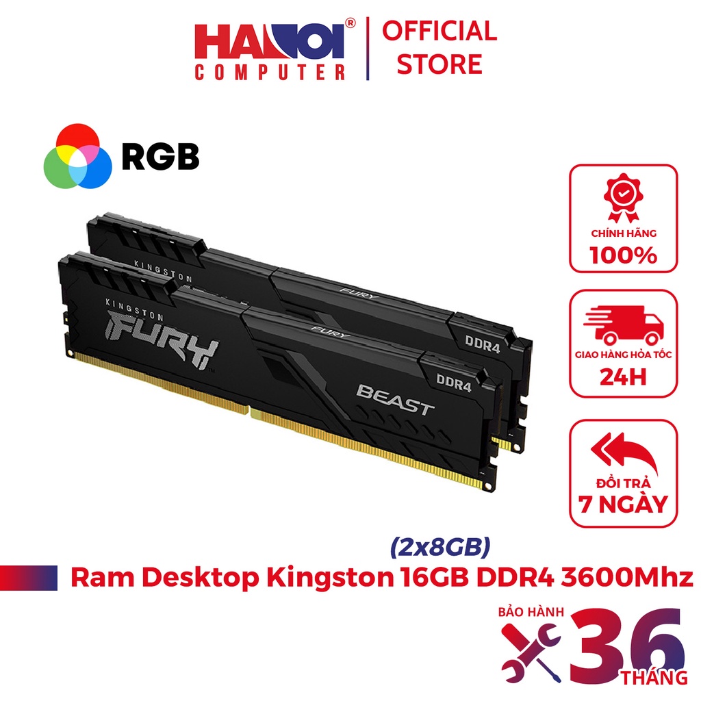 Ram Desktop Kingston Fury Beast (KF436C17BBK2/16) 16GB (2x8GB) DDR4 3600Mhz