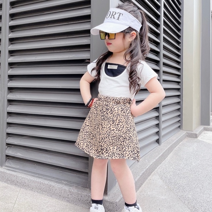 Sét áo thun kèm chân váy họa tiết beo cá tính năng động bé gái (2 màu size 17-28kg)