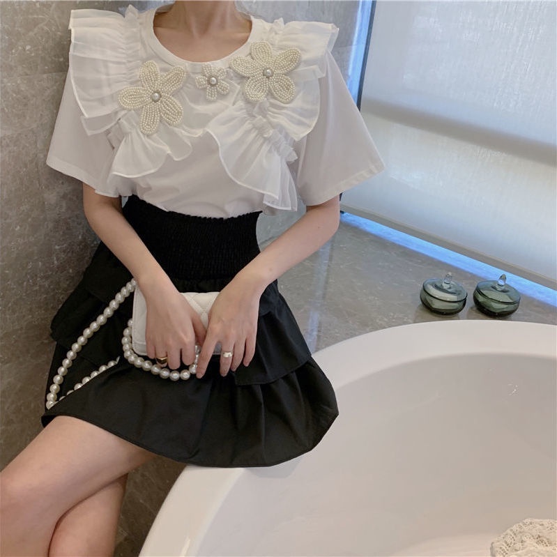 Áo Thun Đen Tay Ngắn Phối Bèo Hoạ Tiết Hoa Phong Cách Pháp  tao bao