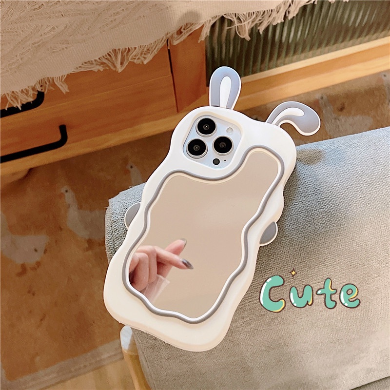 Ốp Điện Thoại Silicon Mềm Tích Hợp Gương Trang Điểm Hình Tai Thỏ 3D Dễ Thương Cho OPPO A54 A55 A5 A9 2020 A12E A3s Reno 7Z 6 5 Pro
