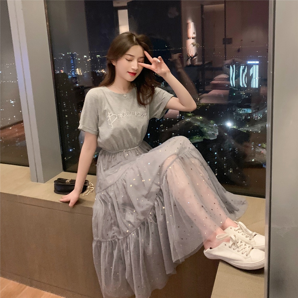 Đầm Dài Qua Gối Phối Lưới Eo Đính Kim Sa Lấp Lánh Kiểu Hàn Quốc Xinh Xắn Cho Nữ