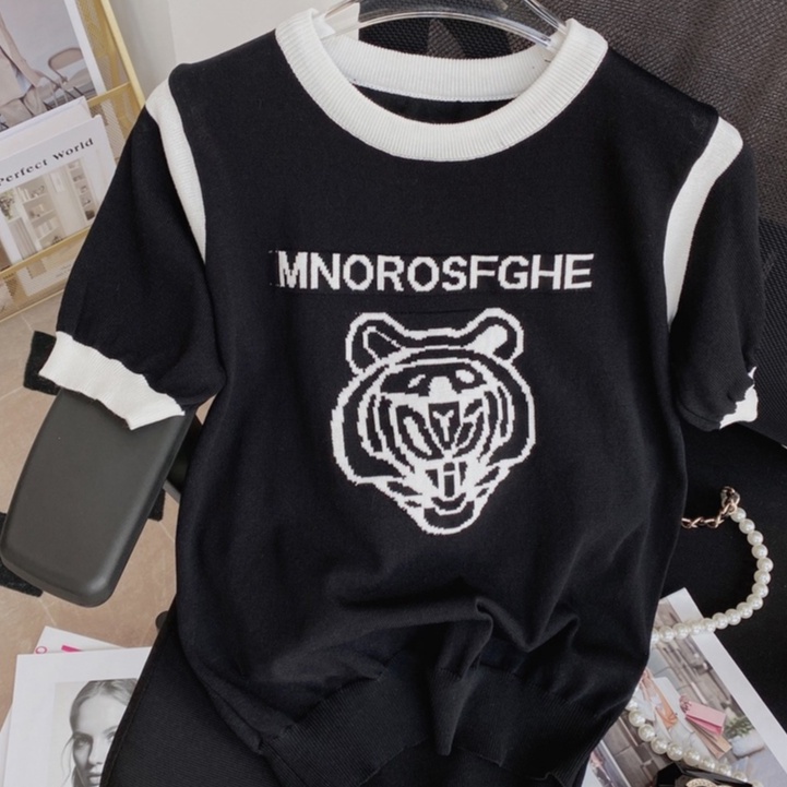 Áo thun ZHELIHANGFEI dệt kim ngắn tay cổ tròn thêu họa tiết xinh xắn