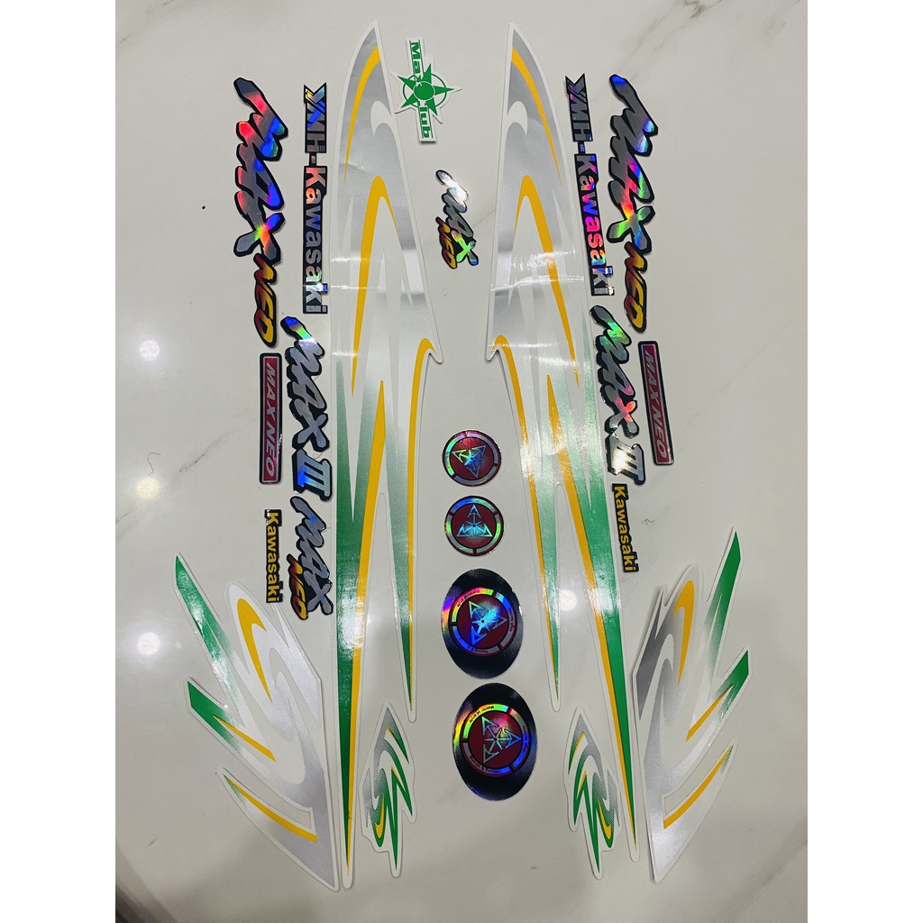 Nguyên bộ tem rời 3 lớp zin thái dán xe máy Kawasaki Max 3 Max III Max neo màu trắng xanh lấp lánh