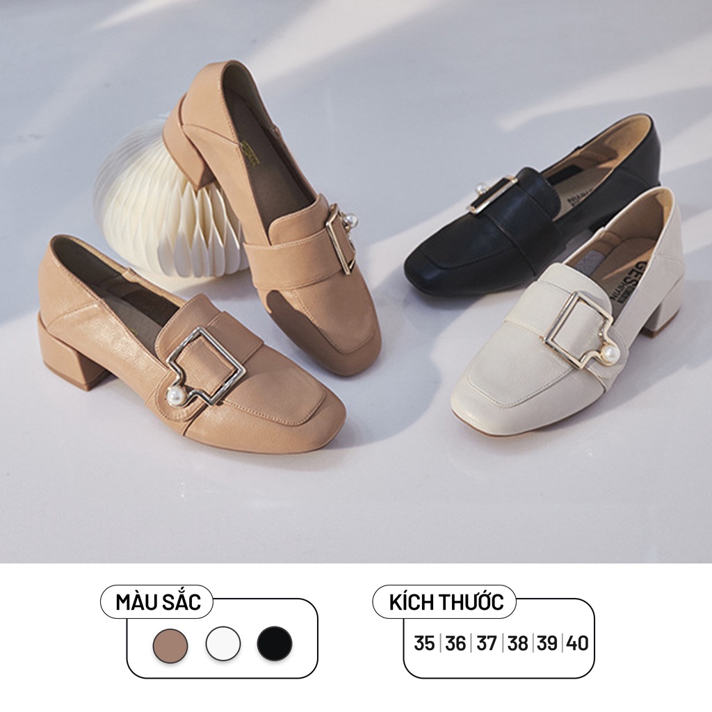 Giày Nữ Dáng Loafer Mũi Vuông Ulzzang Có Khuy Cài Đính Ngọc Gót Vuông 3cm Basic Phong Cách Hàn Quốc - Iclassy_shoes