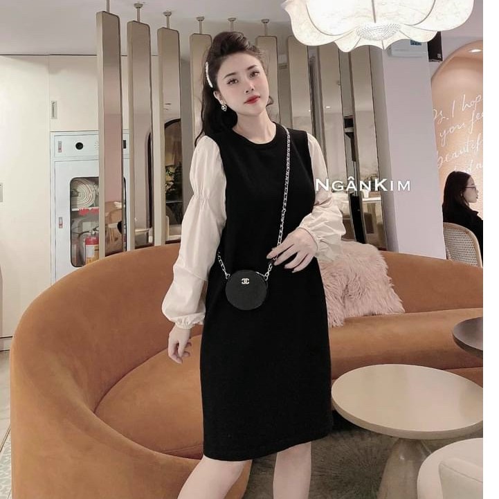 váy suông tay bồng bo tay phối trắng điệu đà