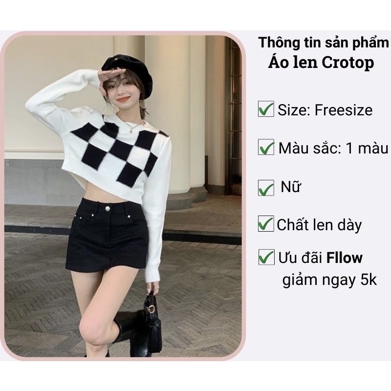 Áo len croptop dệt kim tay dài cổ tròn kẻ sọc caro sang trọng phong cách Hàn Quốc thời trang cho nữ | BigBuy360 - bigbuy360.vn