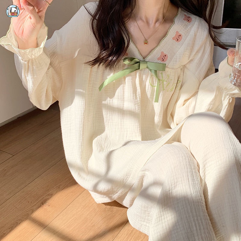 Bộ Đồ Ngủ Tay Dài Chất Liệu Cotton Dáng Rộng In Họa Tiết Hoạt Hình Gấu Dễ Thương Thời Trang Xuân Thu Cho Nữ