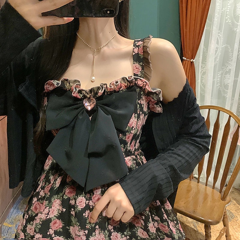 Set Áo Khoác Cardigan Và Đầm Hai Dây Dệt Kim Phong Cách Hong Kong Cổ Điển Cho Nữ