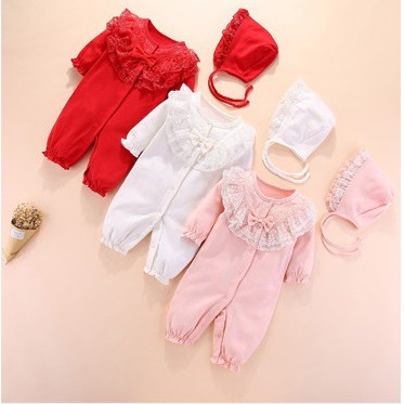 Set Body ren nơ ngực tiểu thư đầy tháng/thôi nôi bé gái 0-12m kèm mũ bèo tiểu thư