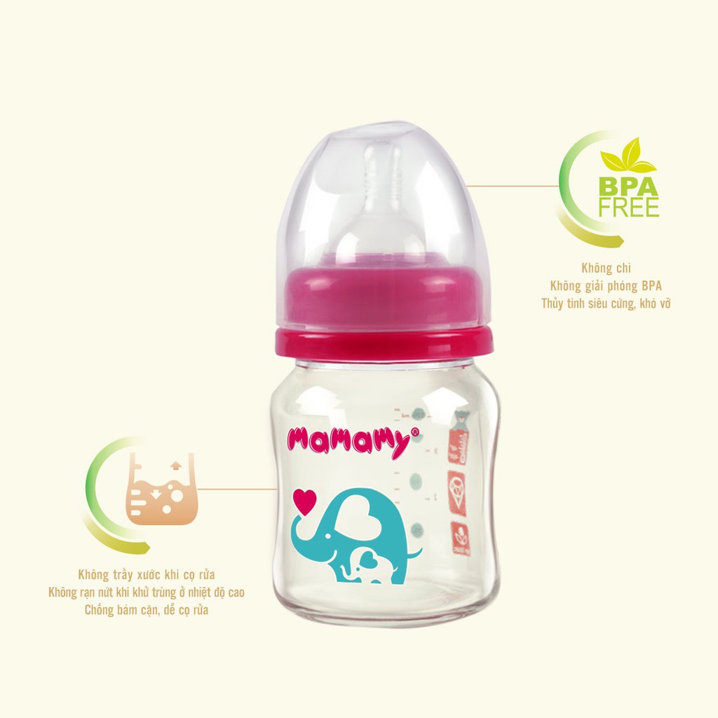 Bình sữa thủy tinh Mamamy cho bé sơ sinh 120ml - Combo 1 bình + 1 Hộp núm ti