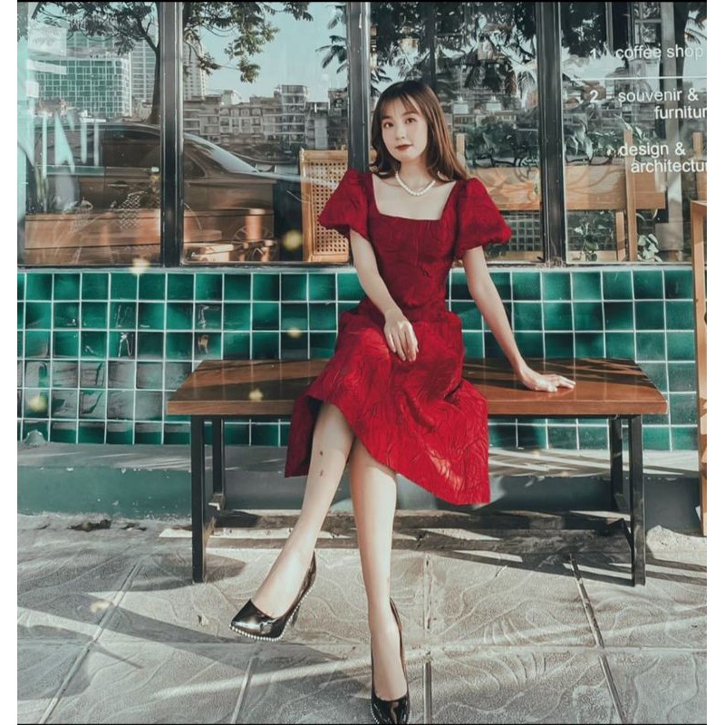 Đầm gấm nơ voan tay phồng_ video váy thứ 2 | BigBuy360 - bigbuy360.vn