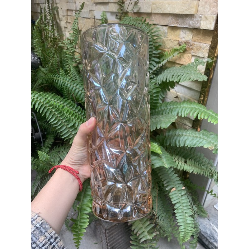 Lọ hoa thủy tinh pha lê hình trụ khía vàng kim