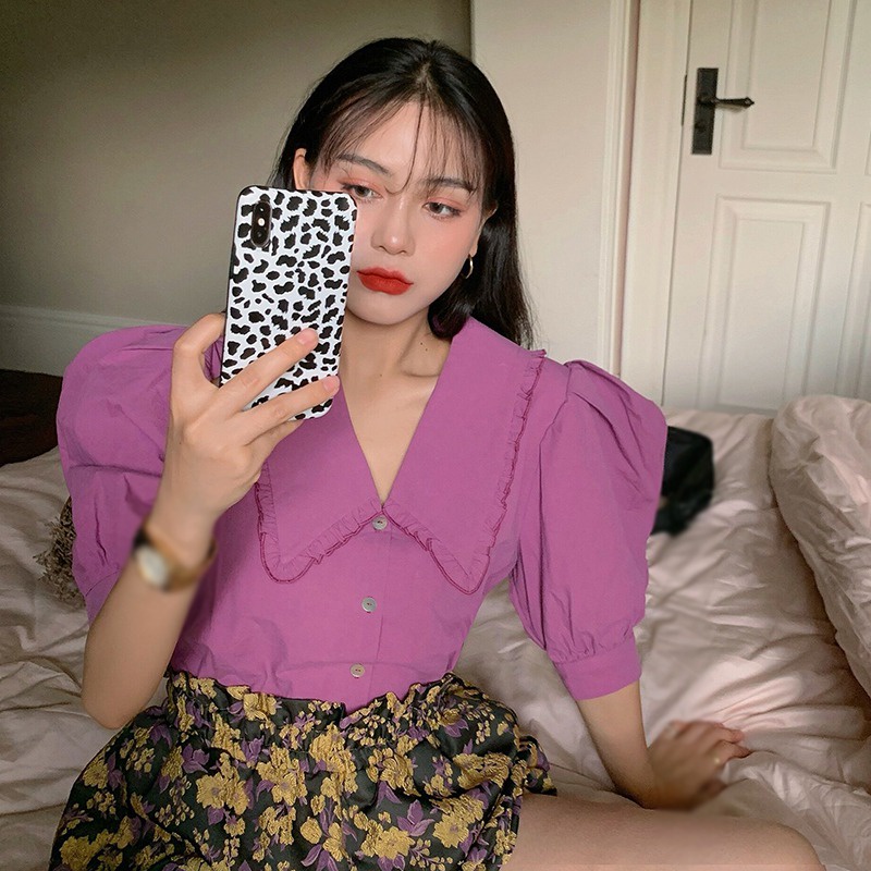 Áo Sơ Mi Tay Ngắn Phồng Cổ Búp Bê Màu Trơn Phong Cách Hàn Quốc Thời Trang Cho Nữ