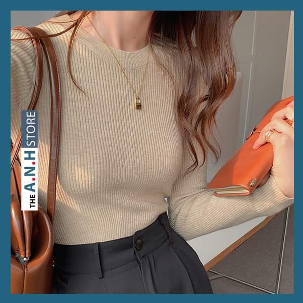 Áo thun gân len nữ cổ tròn dài tay , phom ôm ANHSTORE phong cách Hàn Quốc, chất thun gân cotton len mềm mịn