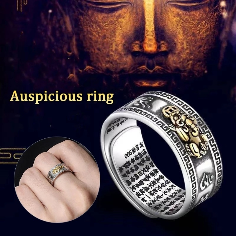Nhẫn Hở Khắc Chữ May Mắn Phong Cách Vintage Thời Trang