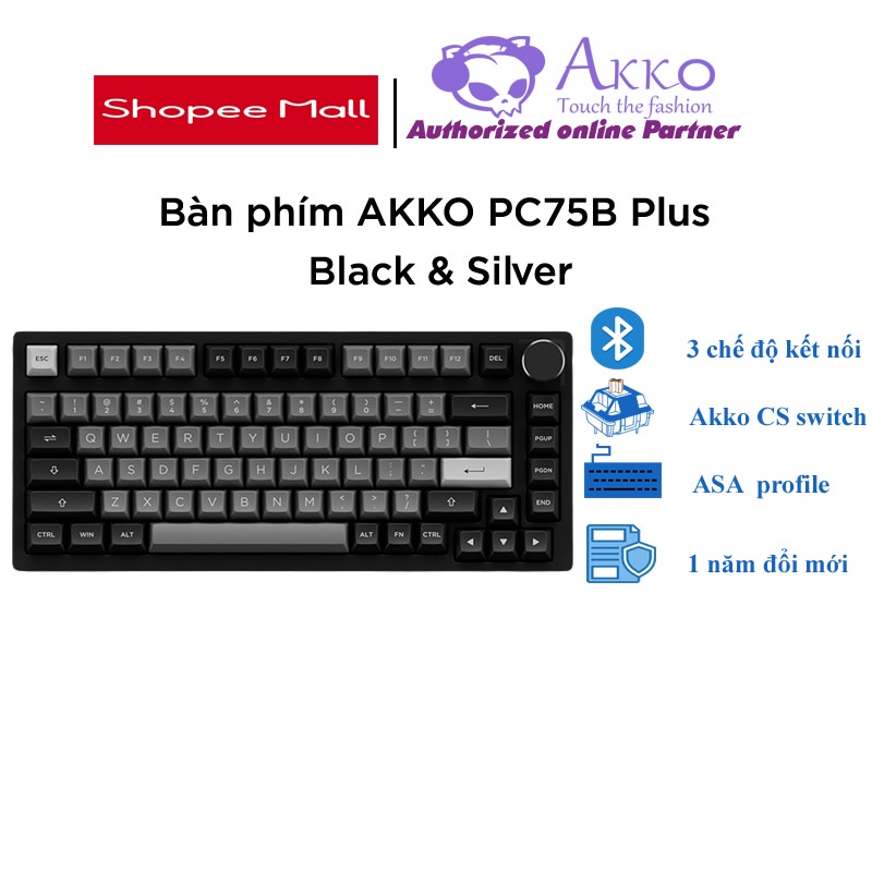 Bàn phím cơ AKKO PC75B Plus Black & Silver (Bluetooth 5.0 / Wireless 2.4Ghz / Hotswap)