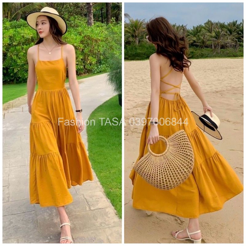 X2 Đầm maxi vàng nghệ đan dây sau đi biển váy dáng xòe 2 dây chéo lưng khoe vai trần gợi cảm hàng thiết kế