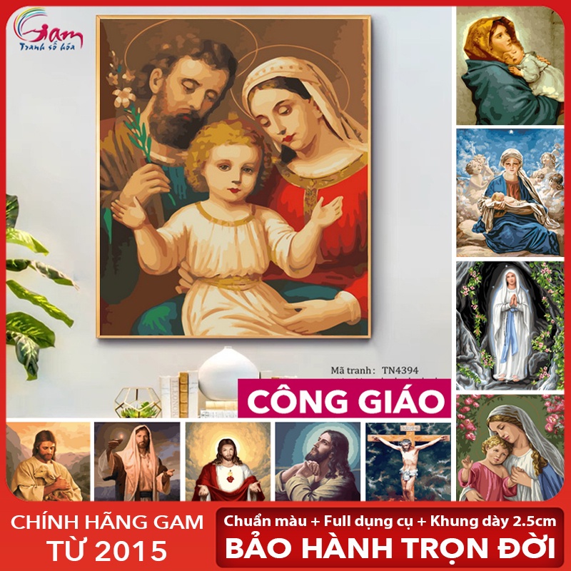 Tranh sơn dầu số hóa trang trí treo tường Công giáo Chúa Giê su Mẹ Maria có khung dày 2.5cm