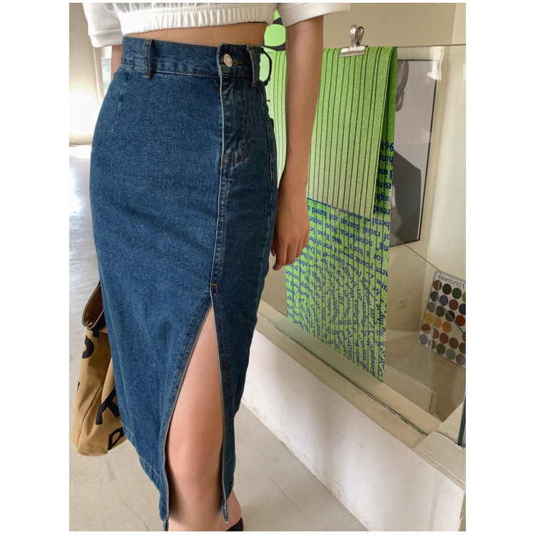 Chân Váy Denim Xanh Dương Xẻ Tà Lưng Cao Vừa Vặn 43784