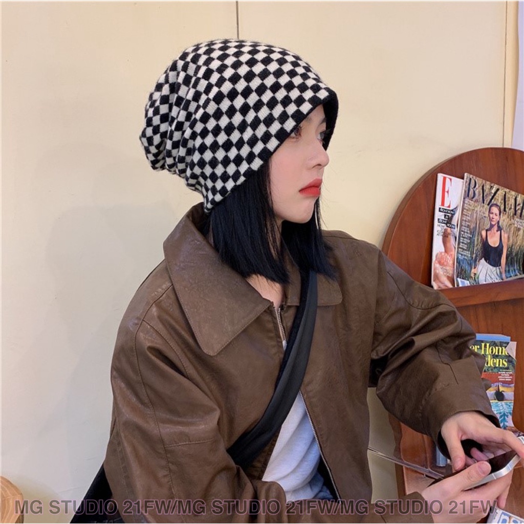 Mũ len dệt kim họa tiết caro phong cách Nhật Hàn thời trang thu đông ấm áp dễ phối đồ cho nữ