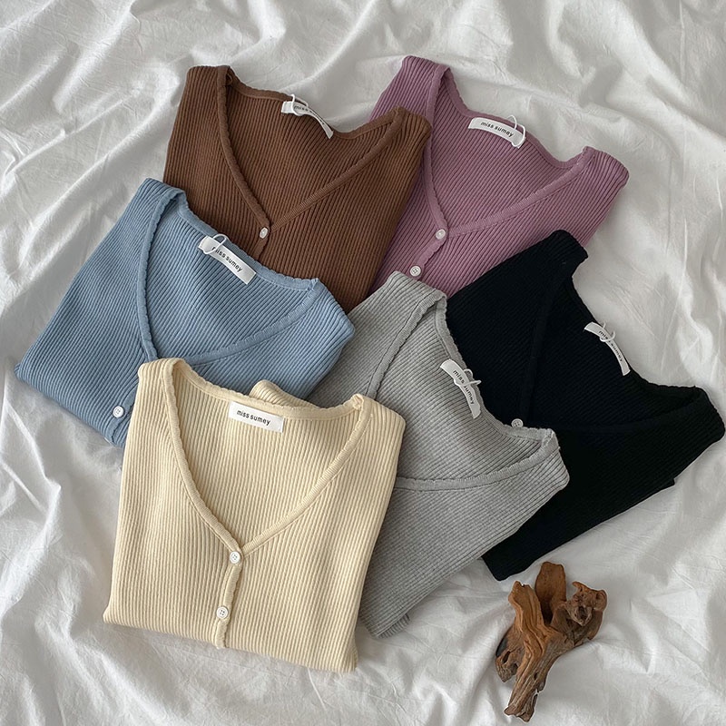 Áo len gân croptop dài tay cổ tim dễ mặc 2021