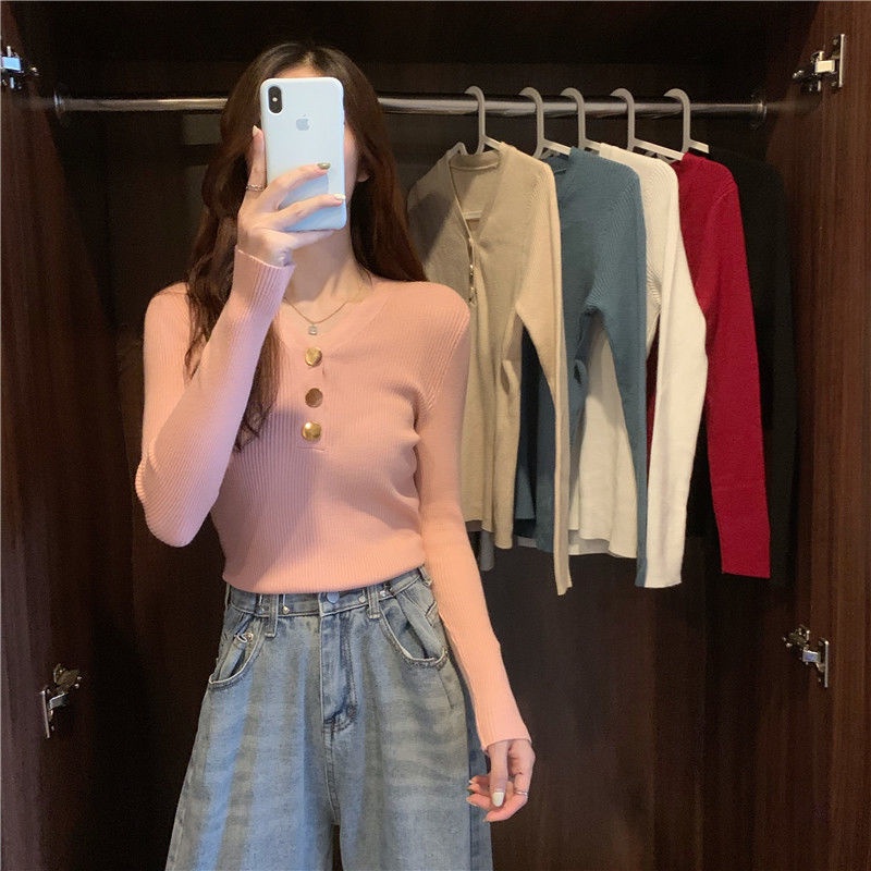 Áo Sweater cổ chữ V màu đen thời trang thu đông cho nữ